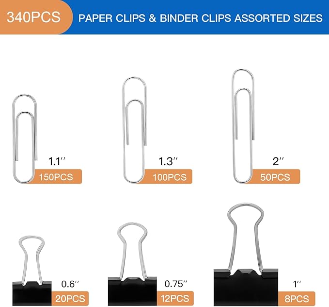 FUDAO FAMILY Paper Clips & Binder Clips, 340 PCS Assorted Sizes, Silver & Black, Metal, Medium, Large, Small
