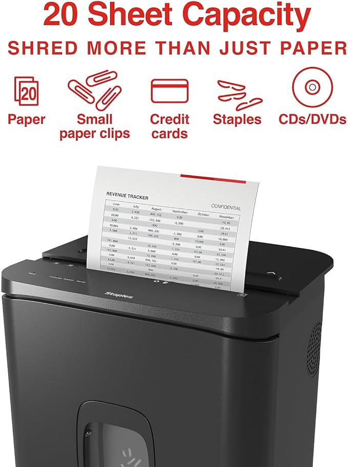 Staples 20-Sheet Micro-Cut Shredder – High-Security Microcut for Paper, Cards & Discs, Ultra-Quiet Office Shredding