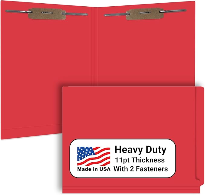 Red File Folders, USA Made, Doctor Stuff, Two 2" Bonded Fasteners, Durable 11pt, Reinforced End Tab, 2 Prongs, Colored Office & Medical Charts and Patient Chart, Box of 50
