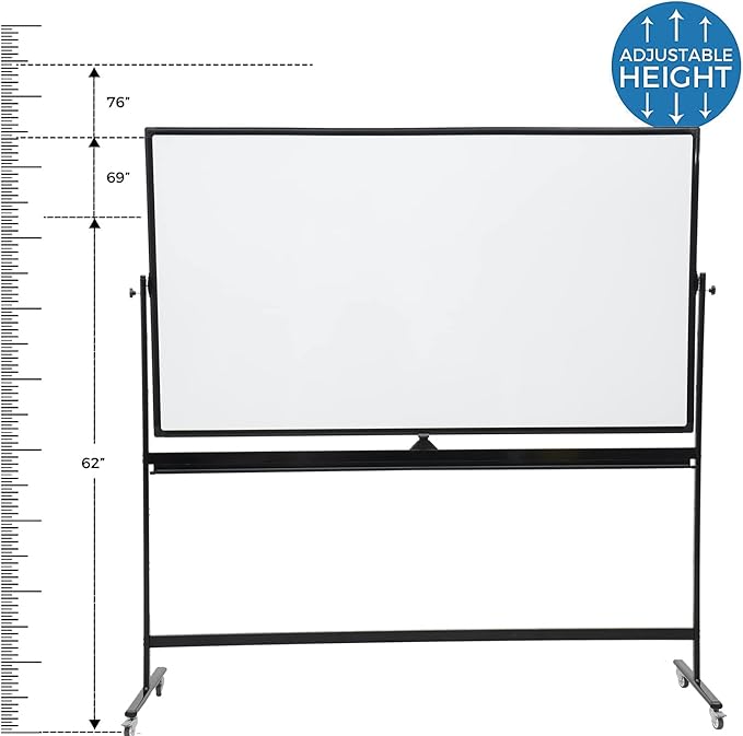 Large 72x40 Inch Mobile Whiteboard, Double-Sided Magnetic Dry Erase Board on 360-Degree Rolling Stand, Height-Adjustable, Reversible for Office, Classroom & Home Use