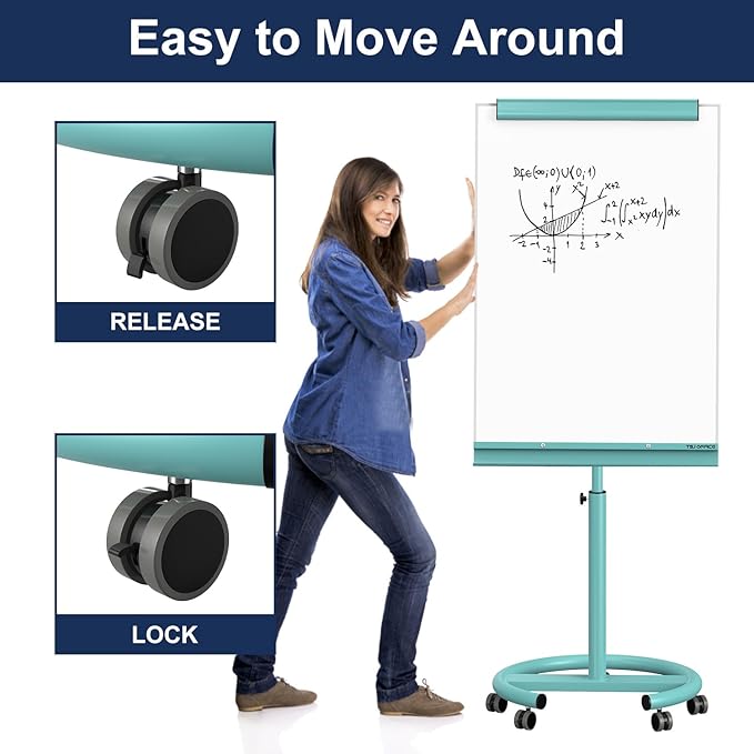 TSJ OFFICE Mobile Whiteboard Magnetic - 40 x 26 Inches Dry Erase Board on Wheel with Stand Flipchart Easel Height Adjustable,Light Blue