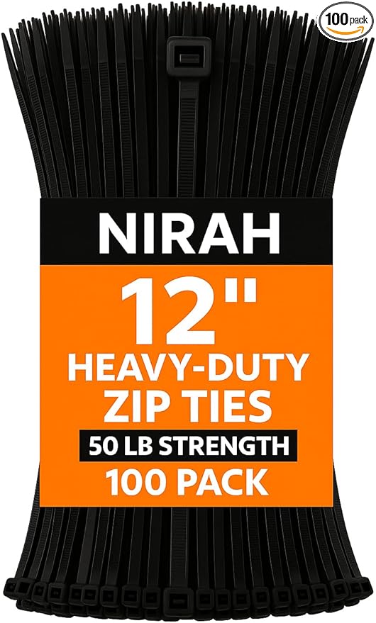 12 inch Black Cable Ties, UV resistant, Self-locking, Multi-purpose Nylon Heavy Duty Zip Ties, Wire Ties for Professionals, Office, Home, Garden, and Cable Management by Nirah