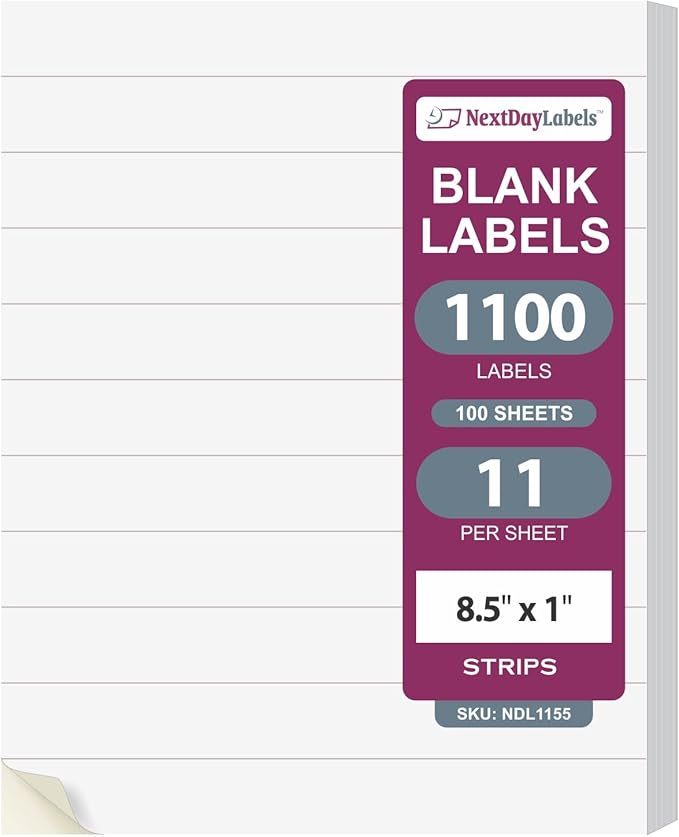 NextDayLabels – 8.5” x 1" Strip Sticker Labels for Printer - White Laser/Inkjet Printer Labels Return Address Labels Shipping Label Stickers (100 Sheets, 11 Per Sheet, 1100 Labels)