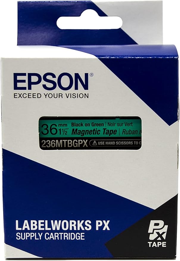 Epson LABELWORKS 236MTBGPX-4.9 Genuine Magnetic Tape Cartridge - Black on Green Magnet Label Maker Tape - 1.5" (36MM) Wide, 4.9 ft, Green