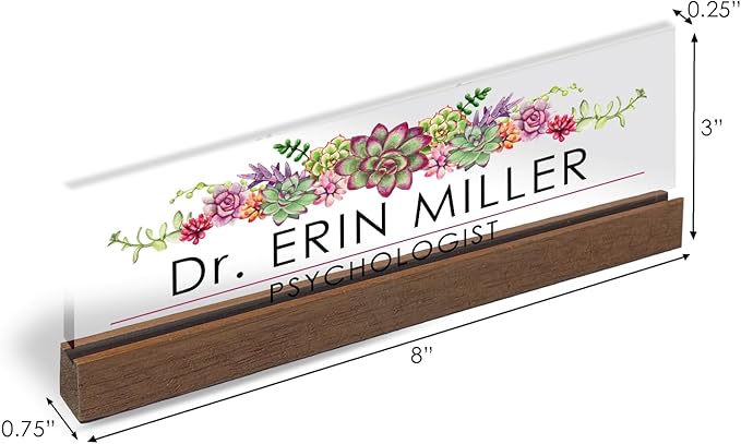 Artblox Office Personalized Name Plate for Desk with Business Card Holder On Clear Acrylic Glass Succulents Flowers Design Custom Desk Name Plate with Your Name and Credentials Customized Gift