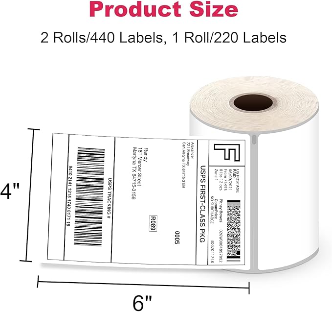 Shipping Labels 4"x6" Compatible with Dymo LabelWriter 4XL 1744907, 1755120, Thermal Postage Labels for All Thermal Label Printers, Permanent Adhesive, BPA Free, 220 Labels/Roll (2 Rolls)