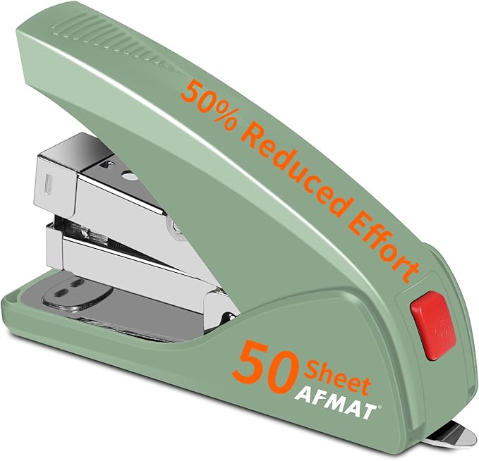AFMAT Effortless Stapler for Desk, 50 Sheet Capacity, Low Force, Built-in Staple Remover, One Finger Touch Stapling Desktop Stapler, Portable & Space Save Size, Good for Home & Office ES10(Green)