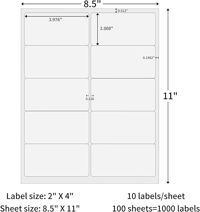 2"x4" Shipping Address Labels for Laser and Inkjet Printer, 100 Sheets 1000 Labels Strong Adhesive Internet Mailing Shipping Labels, 10 Per Page