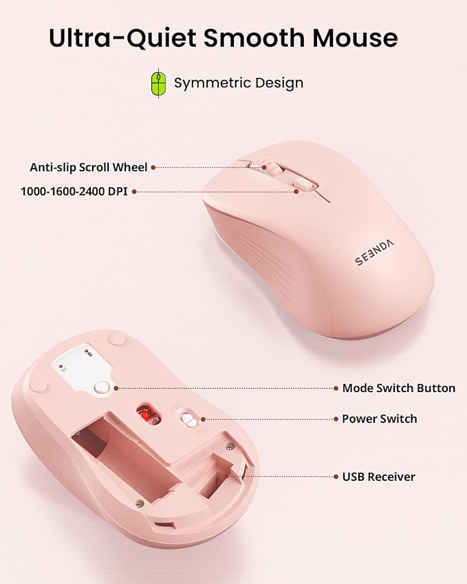 seenda Wireless Bluetooth Keyboard and Mouse Combo, COE200 Ergonomic Wireless Keyboard Mouse with Wrist Rest, Multi-Device Connection, Full-Size, Compatible for Computer/Laptop/Mac/MacBook, Pink