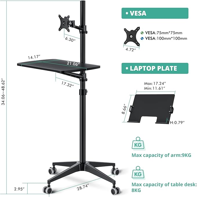 Viozon Mobile Desk,Mobile Workstation,Mulitiuse Rolling Laptop Floor Stand,34"-48.6" Height Adjustable,Compatible with 17"-27" Monitor&12"-17" Laptop,21"×14" Desk,Maxload 17.6lbs,4 Lockable Wheels B