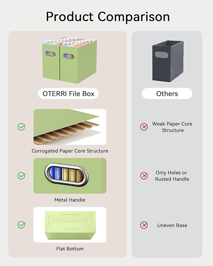 Oterri File Organizer - Small Cardboard Storage Box, Collapsible and Portable With Handle for Letter Size Files, Hanging Folder Box (Green, Letter Size - 4 Packs)