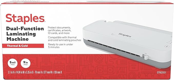 Staples Thermal Laminator Machine, 9.5 Inch W, Dual-Function Hot & Cold Laminating, Office Presentation Supplies, White/Gray