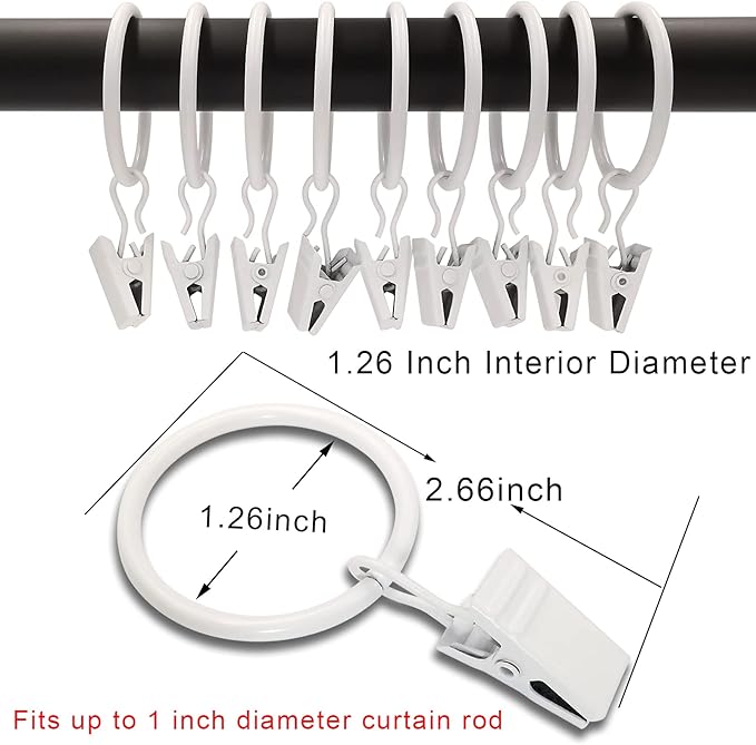 AMZSEVEN 100 Pack Curtain Rings with Clips, Drapery Clips with Rings, Drapes Rings 1.26 in Interior Diameter, Fits up to 1 Inch Curtain Rod, White