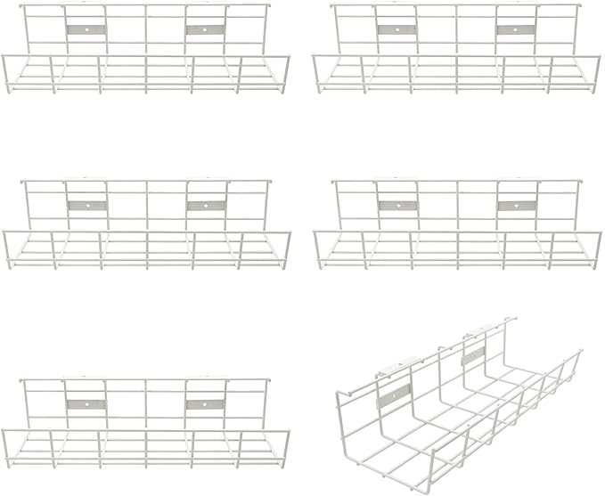 Under Desk Cable Management- 6 Pack Cord Organizer. Metal Wire Cable Management Tray for Office, Studio and Home. Super Sturdy Under Table Cable Managements - White Cable Organizer