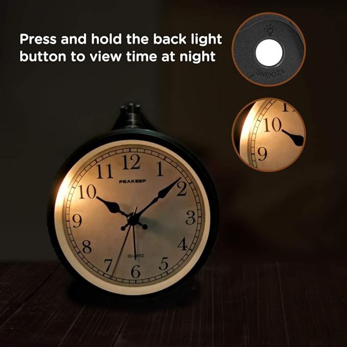 Peakeep 4" Small Battery Operated Antique Retro Analog Alarm Clock with Contour Lines in Gold for Room Decors, Silent Elegant Bedside Desk Gift Clock