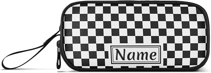Custom Black White Checkered Pattern Pencil Case Box Boys Girls Personalized Name Large Pencil Pouch Stationery Pen Bag Organizer for Kids Adults School