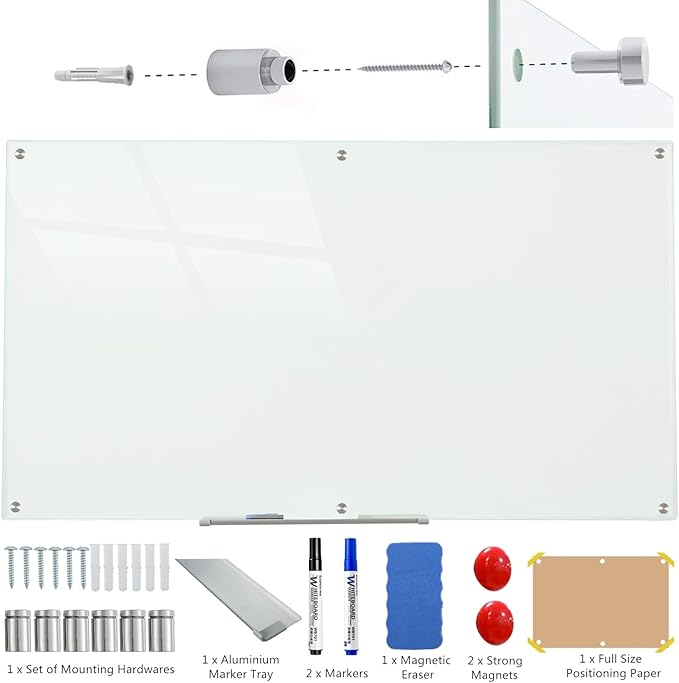 Glass Whiteboard Magnetic Dry Erase Board 6' x 3', Large Frameless Glass White Board for Wall, White Surface.