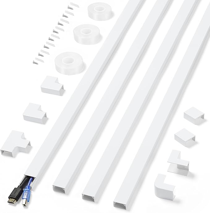 Cord Covers for Wires on Wall Extra-Long, 13.12ft TV Cord Hider Kit, Paintable Cable Management Concealer, White Cord Raceway Channel, 4 x L39in x W0.95in x H0.55in