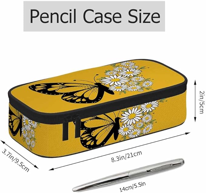 Butterfly Pencil Bag Daisy Flower Bright Yellow Big Capacity Pencil Case Pencil Pouch Pen Bag School Students Boy Girl