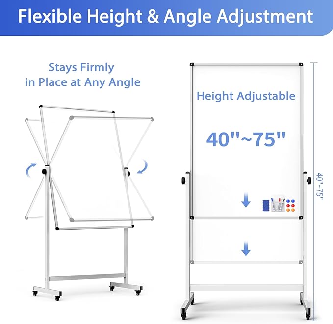 Rolling Whiteboard on Wheels, Double-Sided Magnetic Dry Erase Board with Stand, Mobile White Board for Office, Classroom, Home (28" x 40")