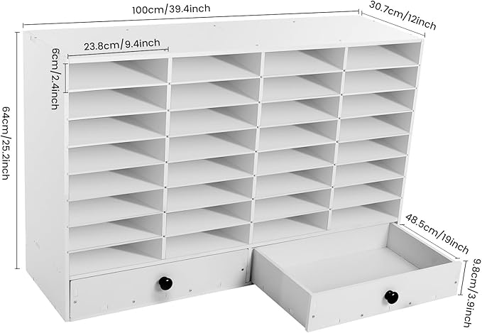 DYRABREST 32 Slot Literature Organizer Adjustable Desktop File Sorter with 2 Drawers, Stackable Office Mail Sorter 32 Compartments Magazine Holder Paper Storage Cabinet for Office Home School