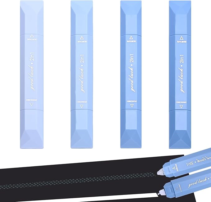 Temiary 4 Pcs 2 in 1 White Correction Tape and Double Sided Roller Set, Aesthetic Smooth Pull Out Tapes with Adhesive Glue Tape Roller Runner for School Office Supplies (Blue)