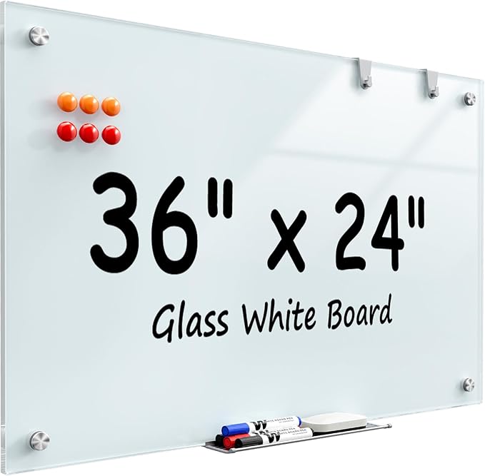 MaxGear Glass Whiteboard Wall Mounted, Frameless Magnetic Dry Erase Board, Tempered Glass, Steel-Backed, Non-Porous Smooth Surface, Floating Design, Accessories Included, for Office Home Classroom