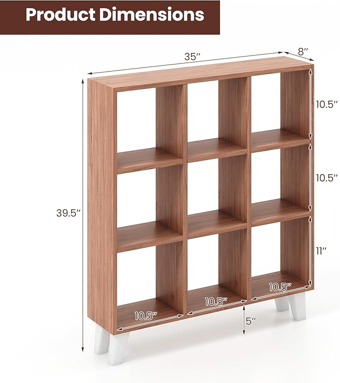Giantex 9-Cube Open Bookcase of 2, 3-Tier Freestanding Bookshelf with 4 Slanted Legs & 6 Removable Shelves, Modern Cubby Storage Organizer, Wood Display Book Shelf for Living Room Bedroom Study, Brown