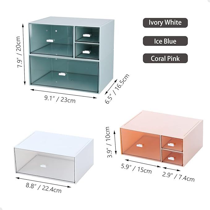 Desk Craft Organizer and Storage with 4 Mixed Drawers, Stackable Plastic Desktop Accessories & Workspace Organizer for Office Stationary, Makeup Skincare, Sanitation Supplies, Pink