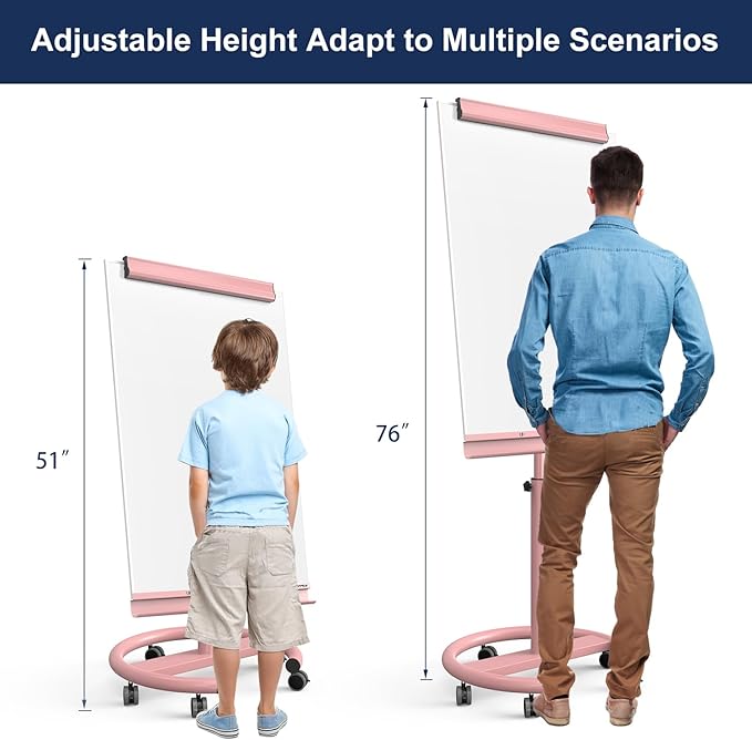 TSJ OFFICE Mobile Whiteboard Magnetic - 40 x 26 Inches Dry Erase Board on Wheel with Stand Flipchart Easel Height Adjustable,Pink
