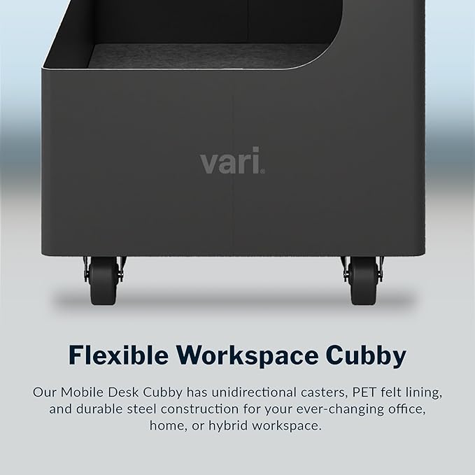 Vari Mobile Slim Under-Desk Cubby - Durable Steel & PET Felt Line - Open Storage & Easily Rolls - Dual Tier Office and Home Organizer Accessory - Black, 10” x 22” x 22”