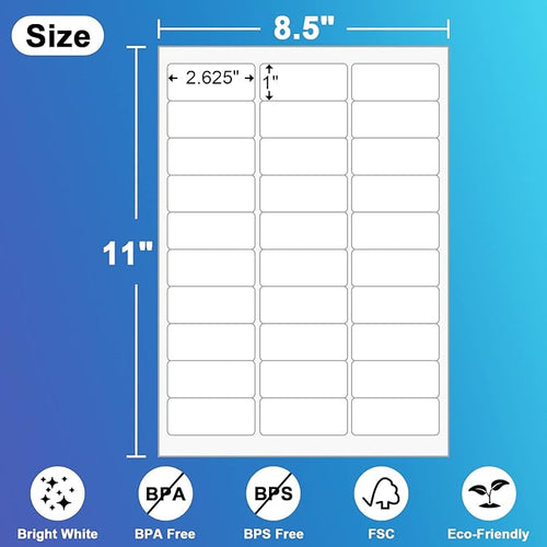 30 UP Labels 1"x2-5/8" Mailing Labels Shipping Address FBA Labels for Laser/Inkjet Printers, White Blank Sticker Name Tags, Printable Address Labels (500 Sheets, 15,000 Labels)