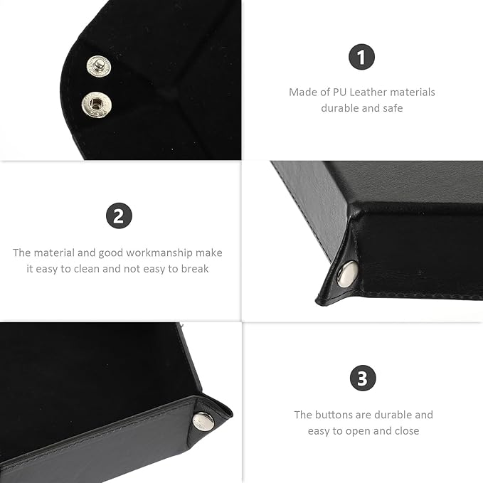 Uonlytech PU Leather Hexagonal Folding Tray Desk Organizer Catchall Storage Plate for Jewelry Watch Keys, Black Desktop Valet Tray for Home Office Use