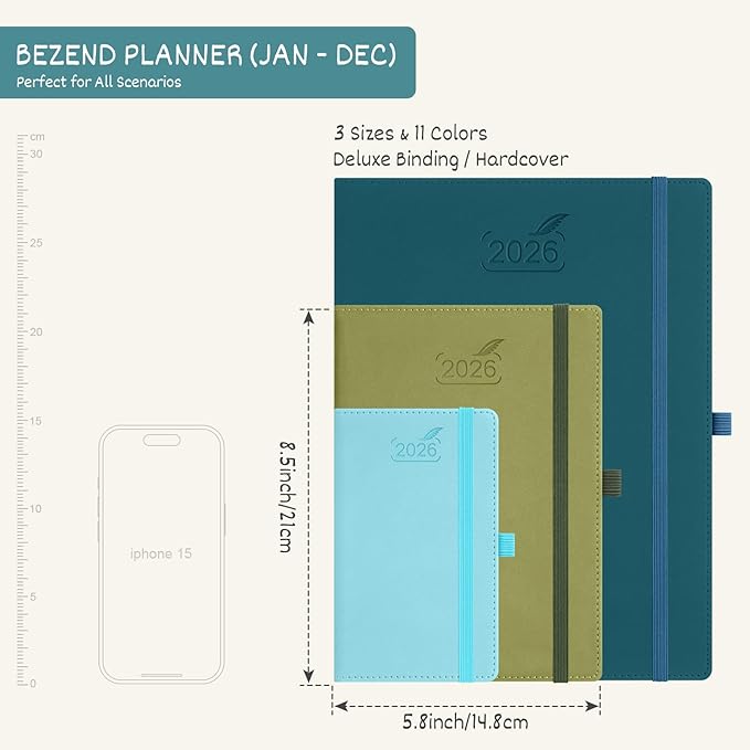 BEZEND 2026 Planner Weekly and Monthly (6" x 8.5") Daily Calendar with Hourly Timeslots & Tabs (Jan-Dec) Note & Expenses, Pen Holder, Inner Pocket, Vegan Leather Hardcover - Black