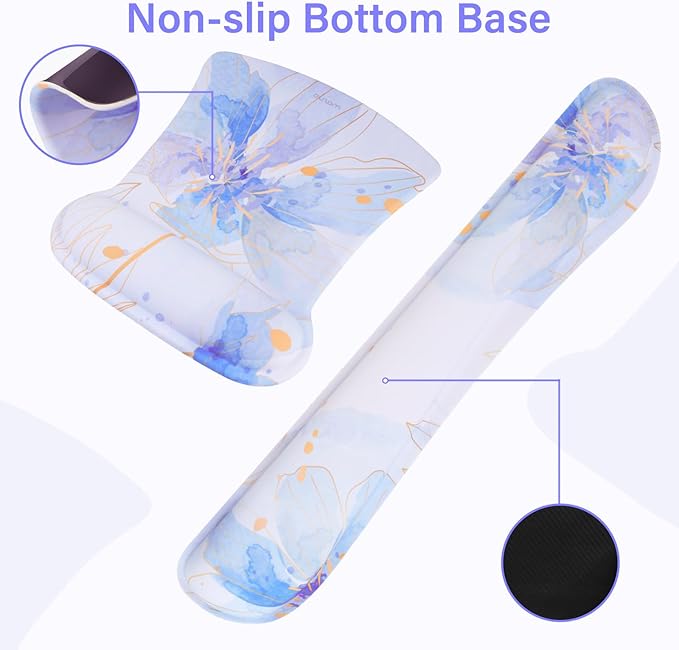 MOSISO Desk Pad Mat Keyboard Mouse Pad Set, Large Gaming Mouse Pad&Keyboard Wrist Rest&Mouse Pad with Wrist Rest&Coaster, Ink Petals Ergonomic Non-Slip Mousepad with Memory Foam for Home Office,Blue