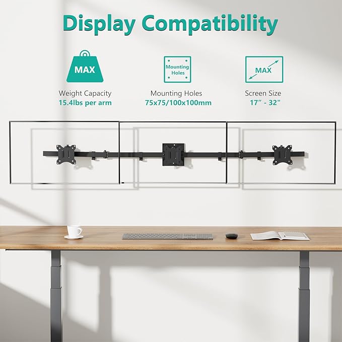 WALI Triple Monitor Wall Mount for 17 to 32 Inch, Computer Monitor Arm for 3 Screens, Swivel Tilt Wall Mount with Mounting Holes 75x75/100x100mm, Per Arm Holds Up to 15.4lbs (013ARM), Black