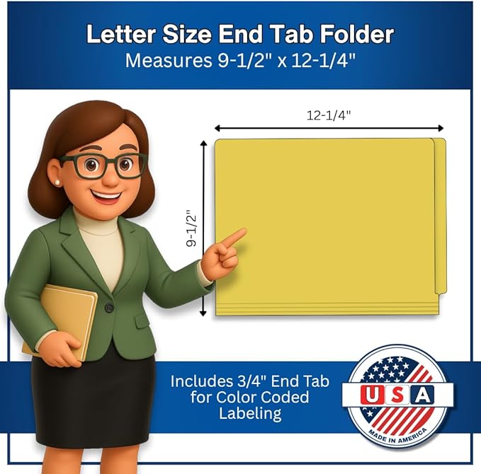 Yellow File Folders, USA Made, Doctor Stuff, Two 2" Bonded Fasteners, Durable 11pt, Reinforced End Tab File Folders with 2 Prongs, Colored Medical Charts and Patient Chart, Box of 50