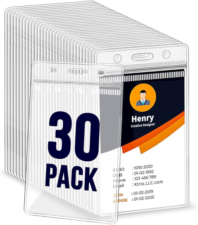 30 Pack Badge Holder, Plastic ID Badge Holder, Clear Waterproof ID Card Holder with Resealable Zip, 2.5" x 3.8" Vertical Name Tag Holder for Nurses and Office, Fits ID Card/Credit Card/Student Card