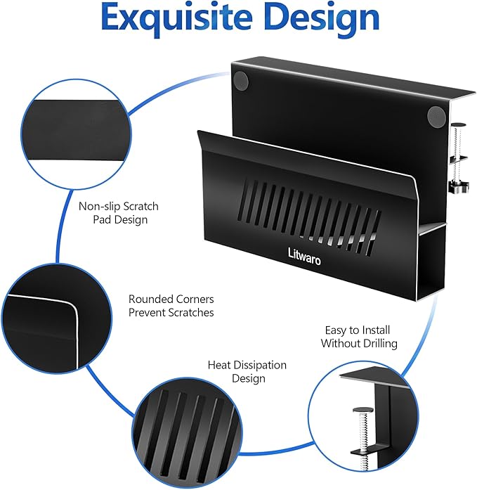 Litwaro Desk Side Storage, No Drill Laptop Holder with Magnetic Pen Holder, Clamp on Laptop Mount with Sticky Headphone Stand, Hanging Organizer for Office, Fits Flat Table Edge 0.4" to 2" (Black)
