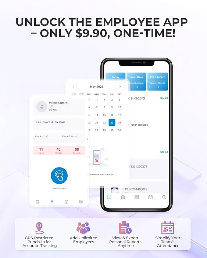 NGTeco Cloud Time Clock for Employees Small Business, Remote Control Fingerprint Time Clocks, Customization Rule Clock in Machine with Software ＆ iOS/Android App, 2.4G WiFi, No Monthly Fee, White