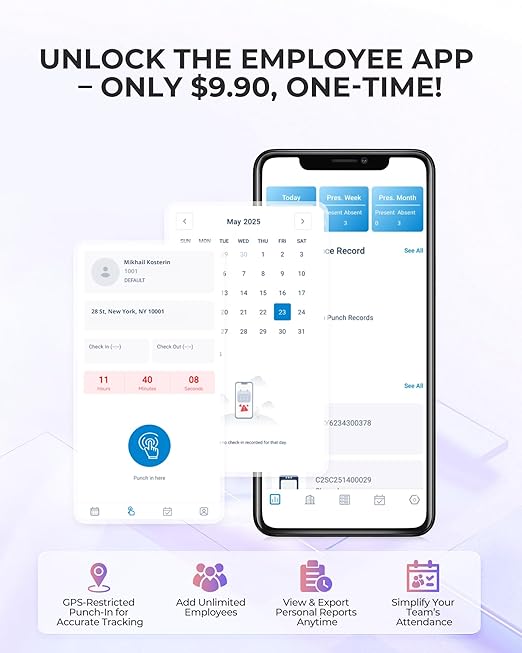 NGTeco Time Clock Cloud-Based, 4-in-1 Time Clocks for Employees Small Business, 2.4GHz WiFi Remote Control Clock in and Out Machine with Software & App, 10 IC Cards, 0 Monthly Fee