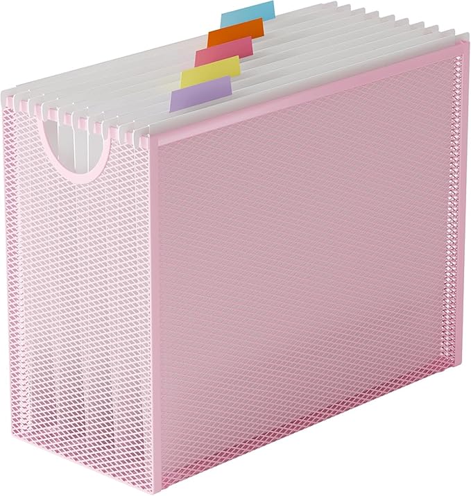 Sinboun Hanging File Organizer Letter-Size File Holder Filing Box Includes 5 Hanging Folders - Metal Mesh Magazine Letter Storage Cabinets File Cart for Office Home School, No Assembly Required Pink