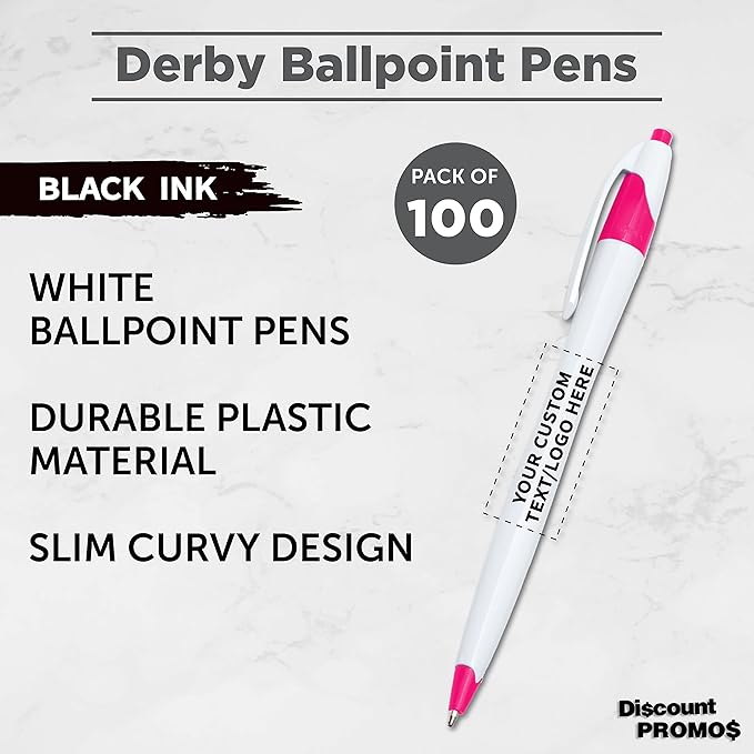 DISCOUNT PROMOS Custom Slim Curvy Ballpoint Pens Set of 100, Personalized Bulk Pack - Black Ink, Retractable, Great for Office, School, Tradeshows - Pink
