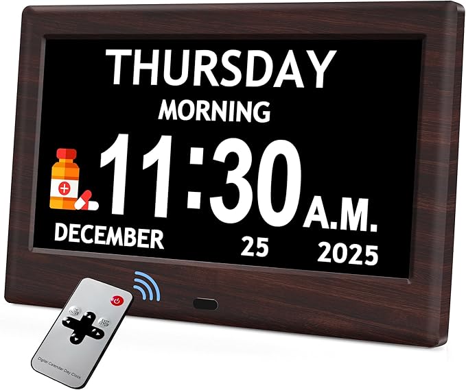 7'' Dementia Clock For Seniors, Large Display Digital Clock With Date, Time, Day Of Week for Elderly, Alzheimer, 1024*600P HD, 10 Reminders & 6 Alarms, Auto Dimming & DST, Remote Control, Brown