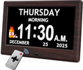 7'' Dementia Clock For Seniors, Large Display Digital Clock With Date, Time, Day Of Week for Elderly, Alzheimer, 1024*600P HD, 10 Reminders & 6 Alarms, Auto Dimming & DST, Remote Control, Brown