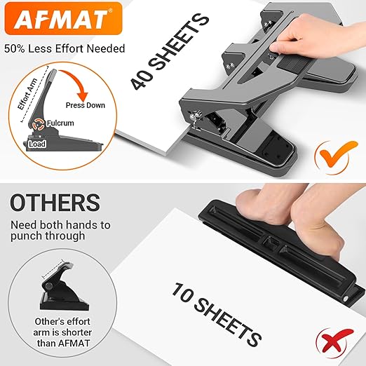 AFMAT Heavy Duty 3 Hole Puncher, 40-Sheet Paper Punch Heavy Duty, 50% Reduced Effort Three Hole Punch, 10K+ Uses, Metal Hole Puncher 3 Ring w/Large Tray, Bulit-in S.S. Paper Guide, Gray
