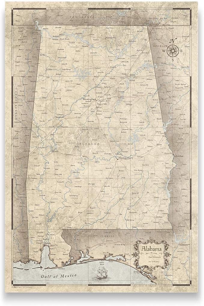 Conquest Maps Push Pin Alabama Map Board - With Push Pins to Mark Alabama Travels - Handmade in Ohio, USA - Design: Rustic Vintage