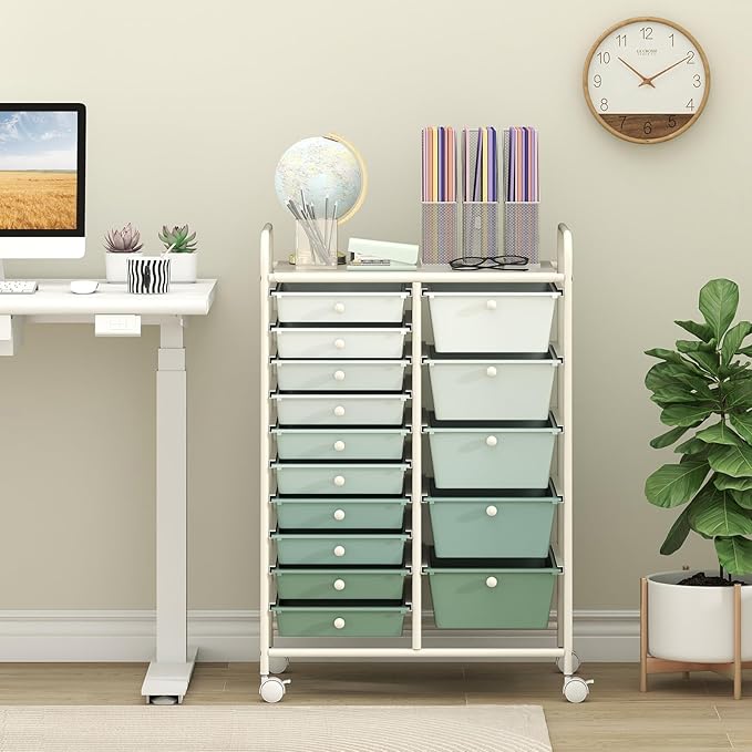 DORTALA 15-Drawer Rolling Storage Cart with Drawers, Rolling Utility Cart w/Removable Drawers & Universal Wheels, Tools Scrapbook Paper Organizer for School, Office, Home, Classroom (Gradient Green)