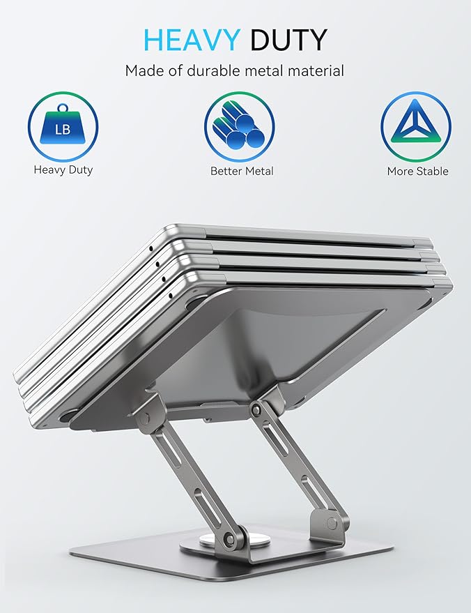 SOUNDANCE Laptop Stand with 360° Rotating Base, Ergonomic Computer Riser for Desk, Adjutable Height Muti-Angle, Foldable Laptop Mount, Stable Metal Holder Support 10-15.6" Notebook PC, Silver Grey