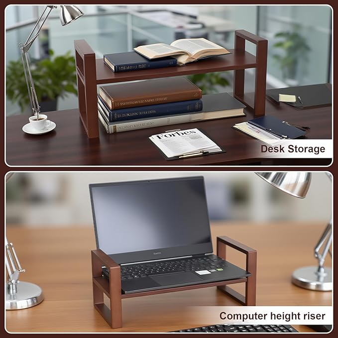 Desk Shelves Desktop Organizer Shelf - No Assembly Needed Holds 130lbs for Top of Desk Organizers and Accessories Corner Bookshelf Table Top Shelving in Office, Books, Bathroom Storage--Walnut Colour
